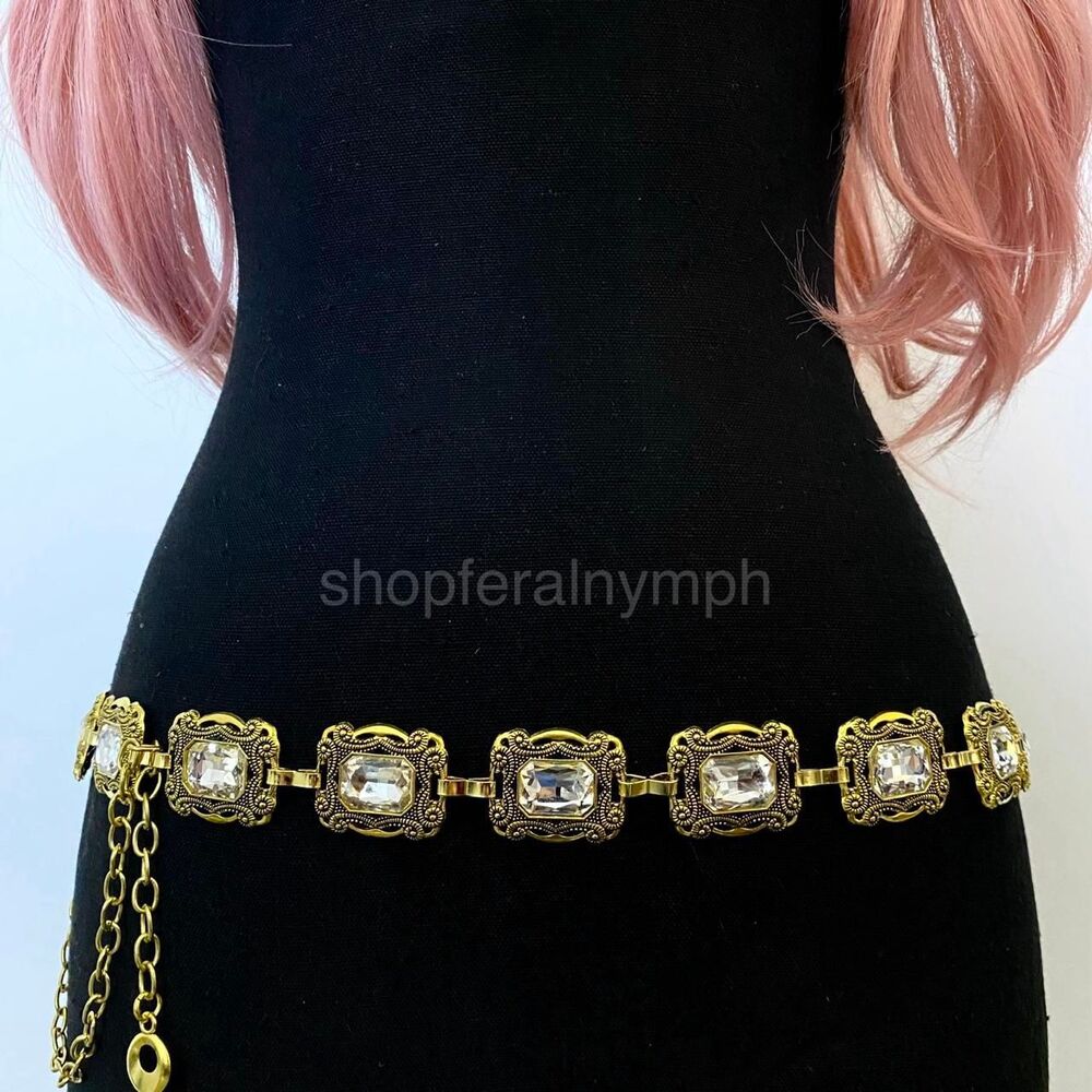 Gold Y2K Clear Crystal Jewel Whimsygoth Chain Belt, Fits 28-46 Inches, X7GA1433